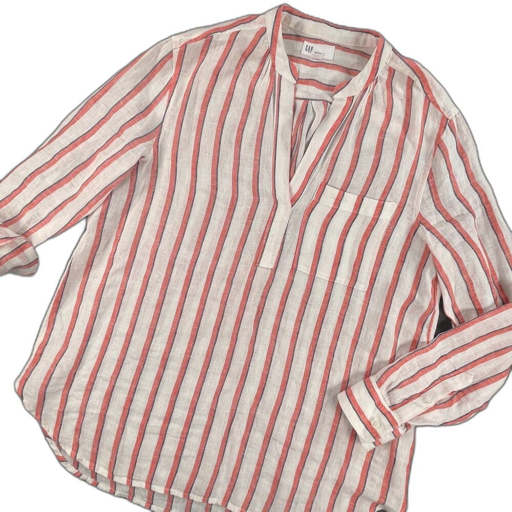GAP Linen Stripe Boyfriend Popover Tunic Shirt L Red White Preppy Resort Coastal
